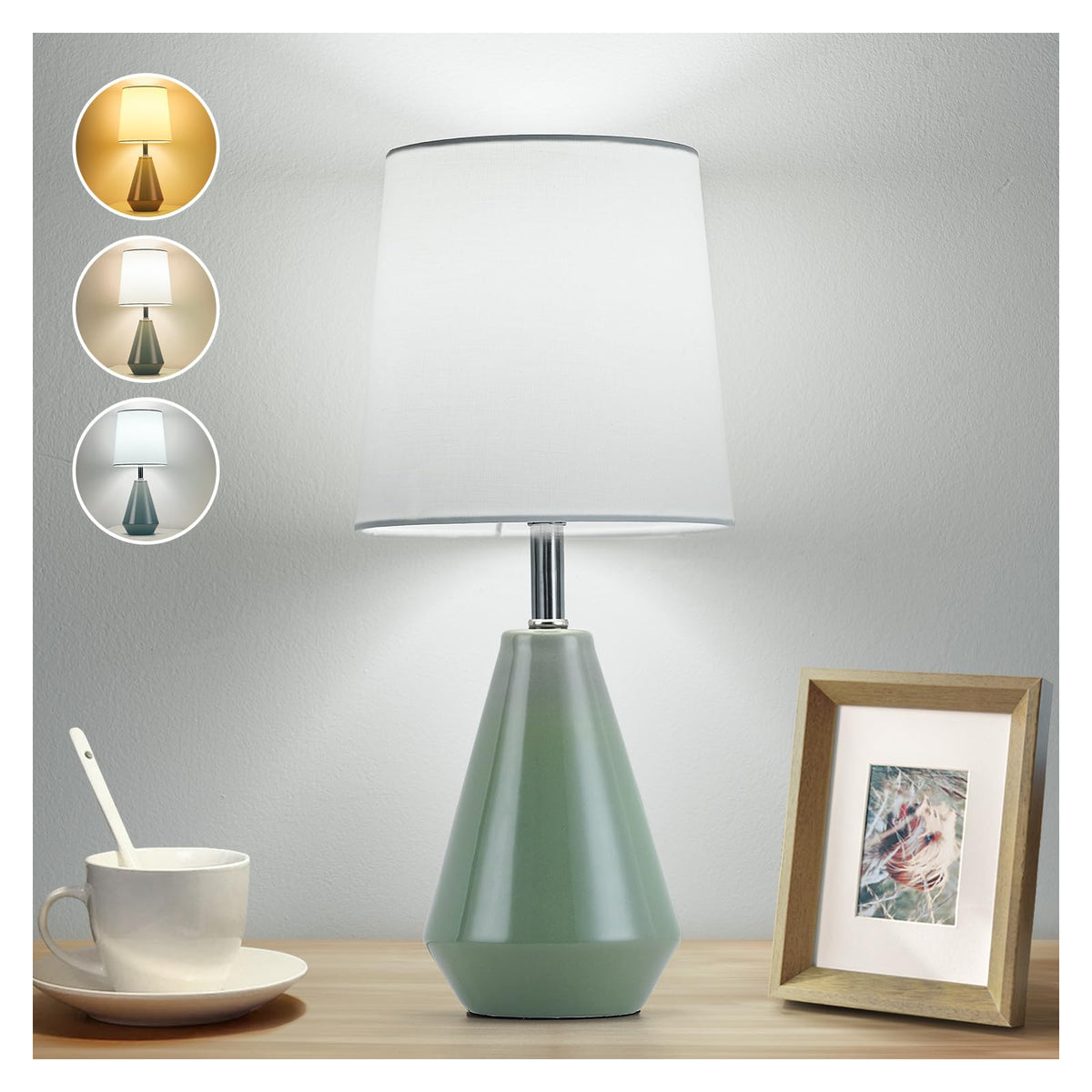 Small Bedside Table Lamp for Bedroom - Reading Desk Lamp with 3 Color Temperatures，15.5" Nightstand Ceramic Lamp with Fabric Shade for Kids Room,Living Room,Dorm,Home Office (White)