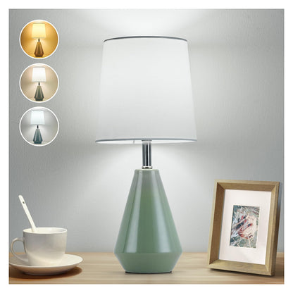 Small Bedside Table Lamp for Bedroom - Reading Desk Lamp with 3 Color Temperatures，15.5" Nightstand Ceramic Lamp with Fabric Shade for Kids Room,Living Room,Dorm,Home Office (White)
