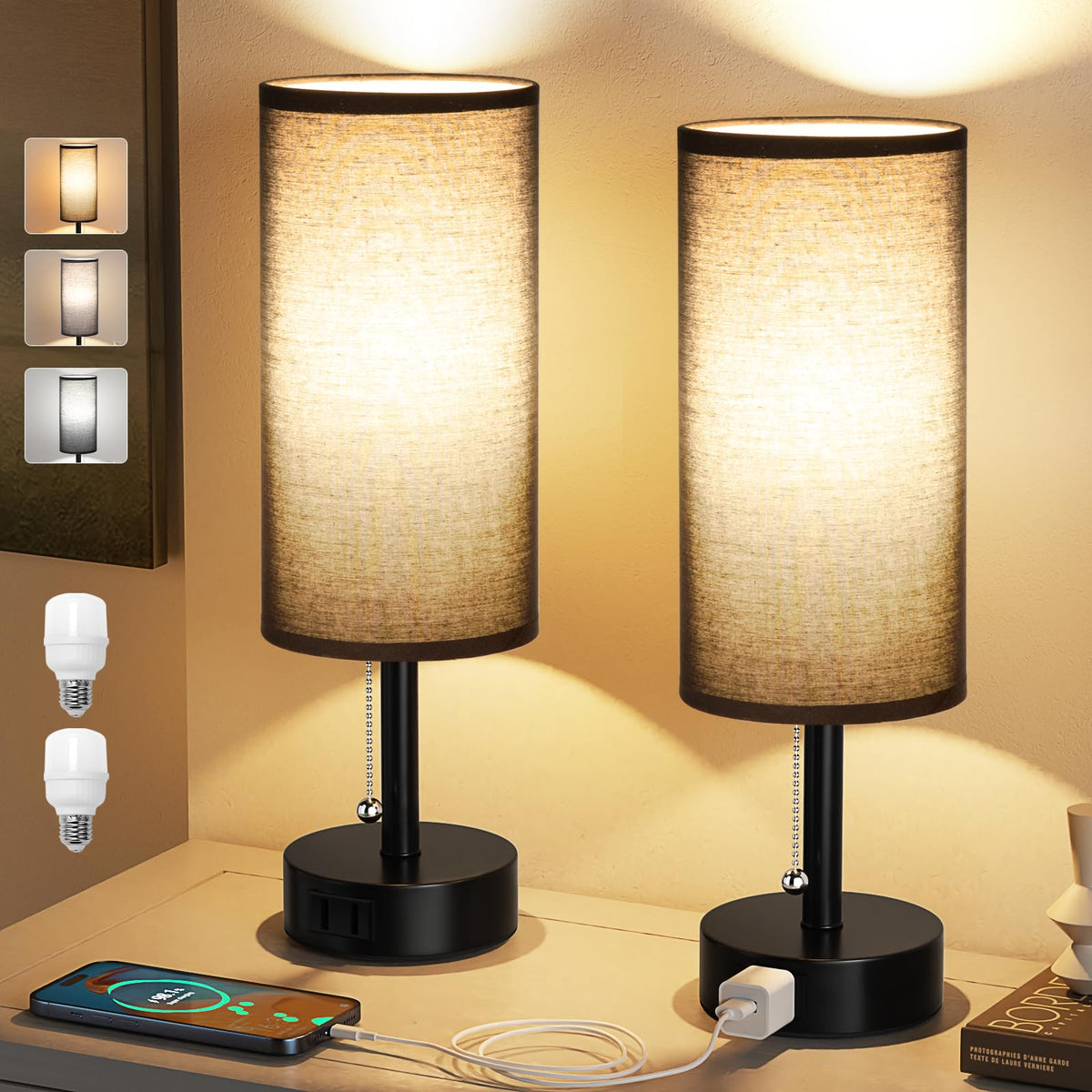 Fenmzee Bedside Table Lamps Set of 2 - Small Nightstand Lamp for Bedroom