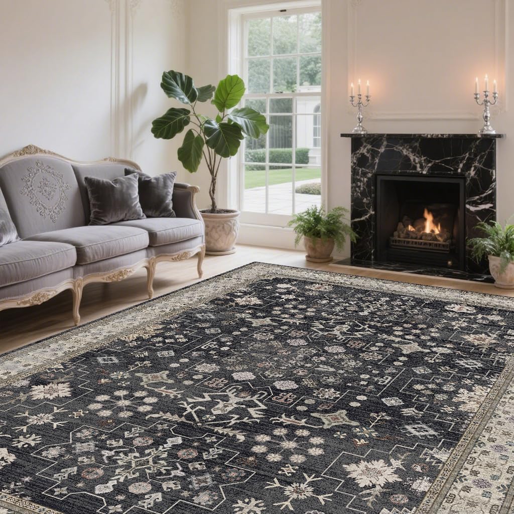 8x10 Washable Area Rugs for Living Room (Charcoal Blush Ivory)