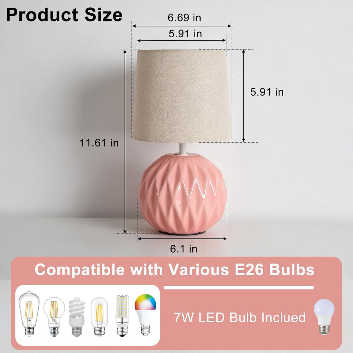 Pink Ceramic Table Lamp with Linen Shade, Small Bedside Lamp for Bedroom