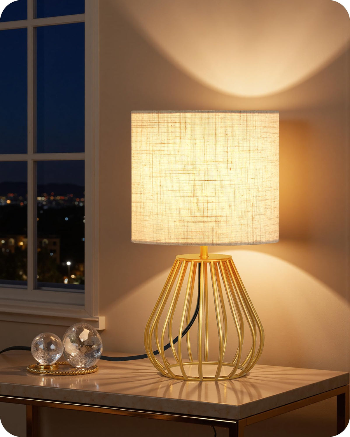 Gold Table Lamp, 12.6 Inch Small Bedside Lamp with 2700K LED Bulb