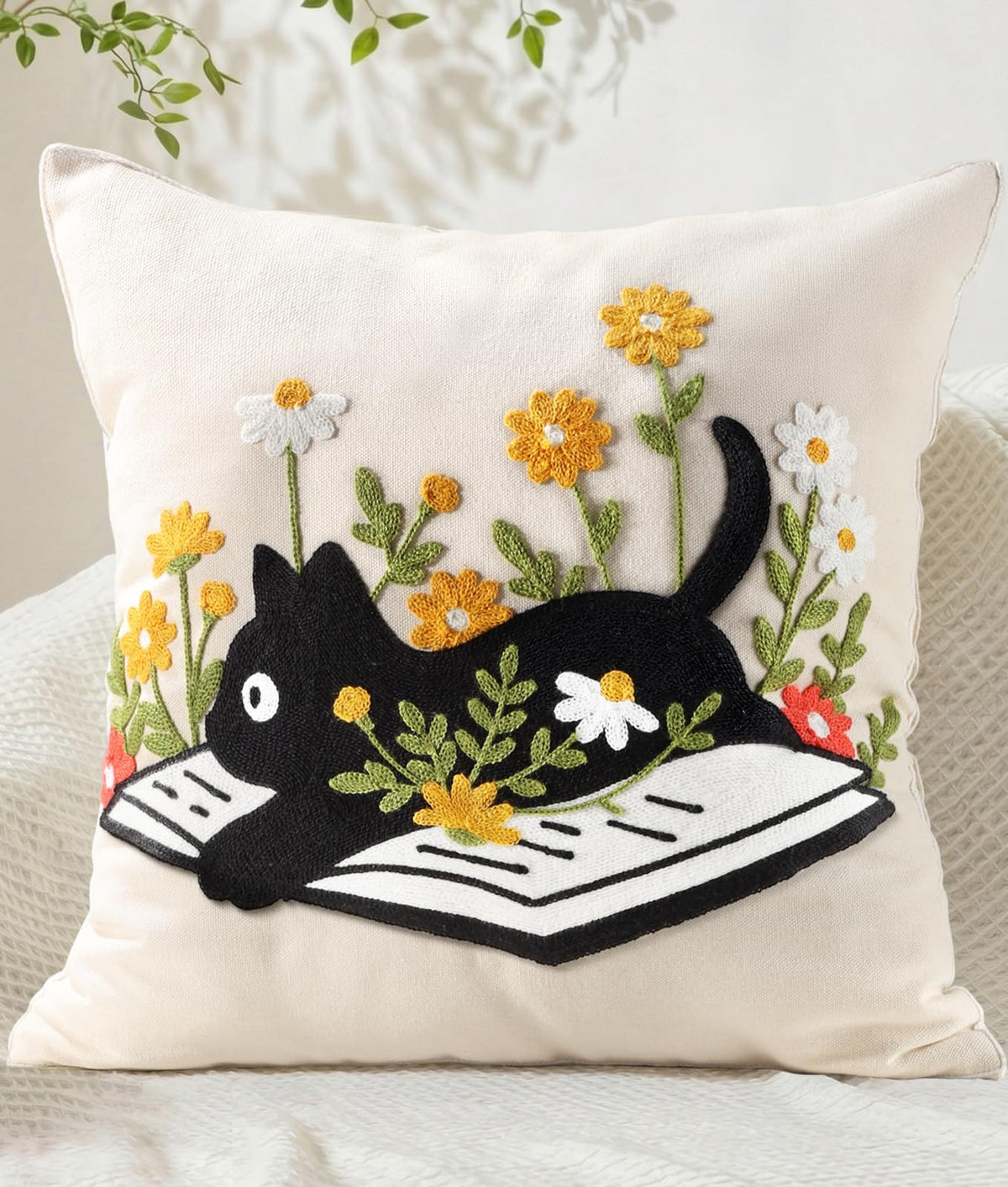 Animal Embroidered Throw Pillow Cover 18x18 Inch, Floral Birds
