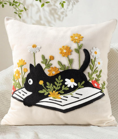 Animal Embroidered Throw Pillow Cover 18x18 Inch, Floral Birds