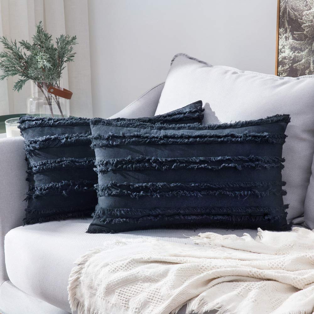 MIULEE Boho Linen Striped Throw Pillow Covers 16x16, Light Blue