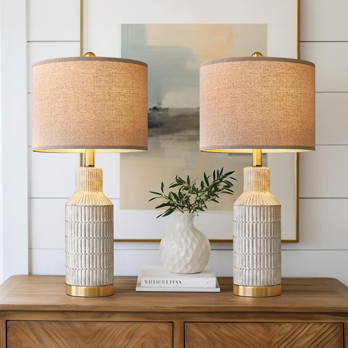 USumkky 25" Modern Ceramic Lamps Single Table Lamp for Living Room Bedroom Farmhouse Nightstand Bedside Lamps