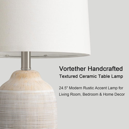 24.5" Vintage Ceramic Table Lamp Single-Rustic Boho Accent Nightstand Lamps for Bedroom, Living Room, Entryway-Small Textured Bedside Lamps, Modern Farmhouse Table Lamps for Home Decor Beige
