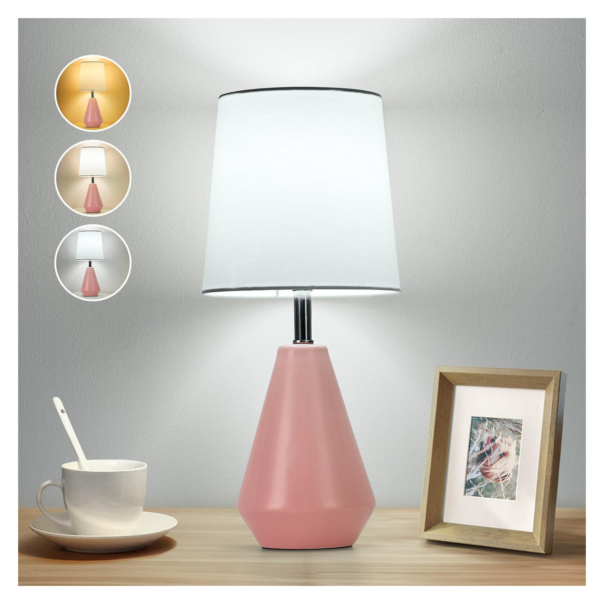 Small Bedside Table Lamp for Bedroom - Reading Desk Lamp with 3 Color Temperatures，15.5" Nightstand Ceramic Lamp with Fabric Shade for Kids Room,Living Room,Dorm,Home Office (White)