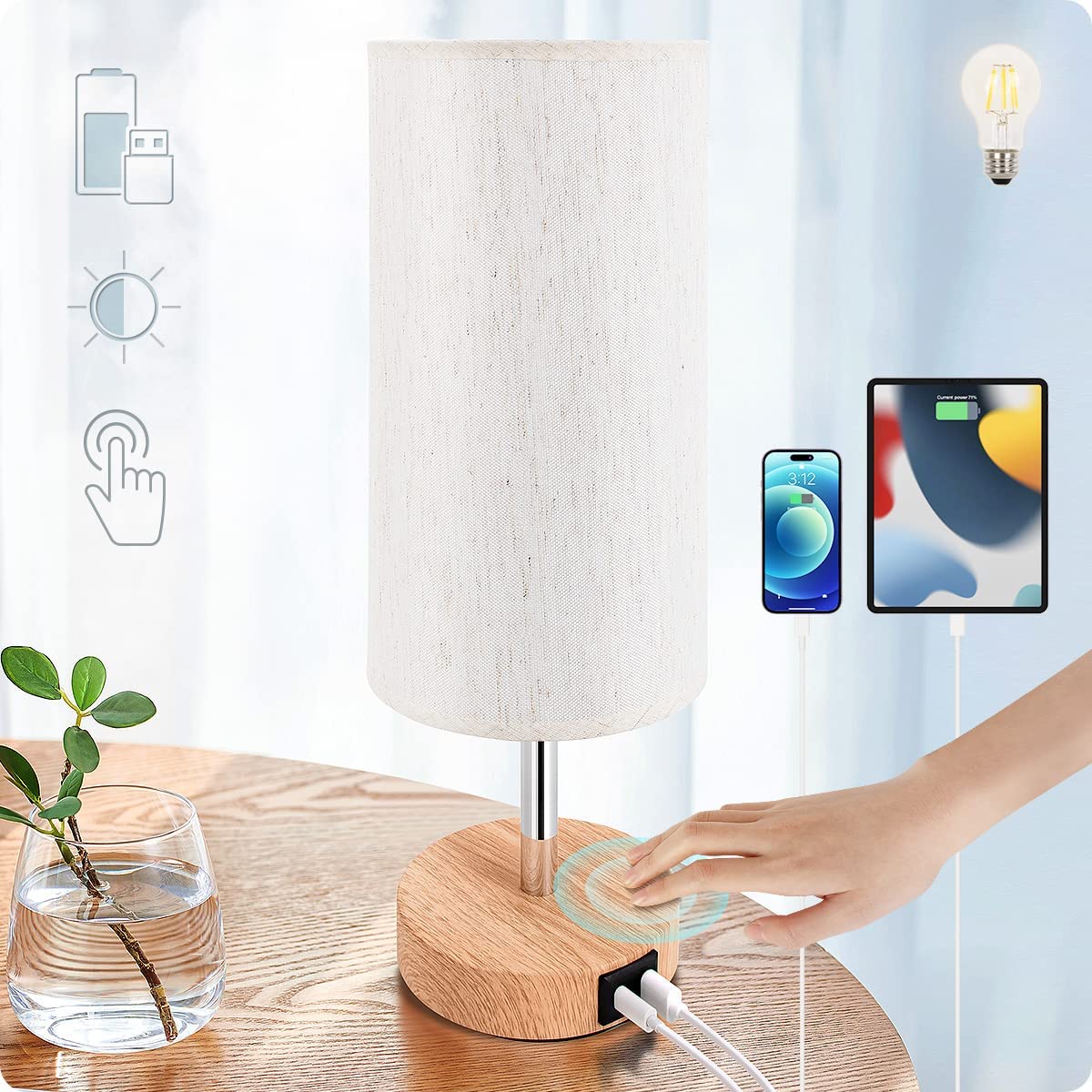 Yarra-Decor Bedside Table Lamp with USB Ports, Touch Dimmable Nightstand