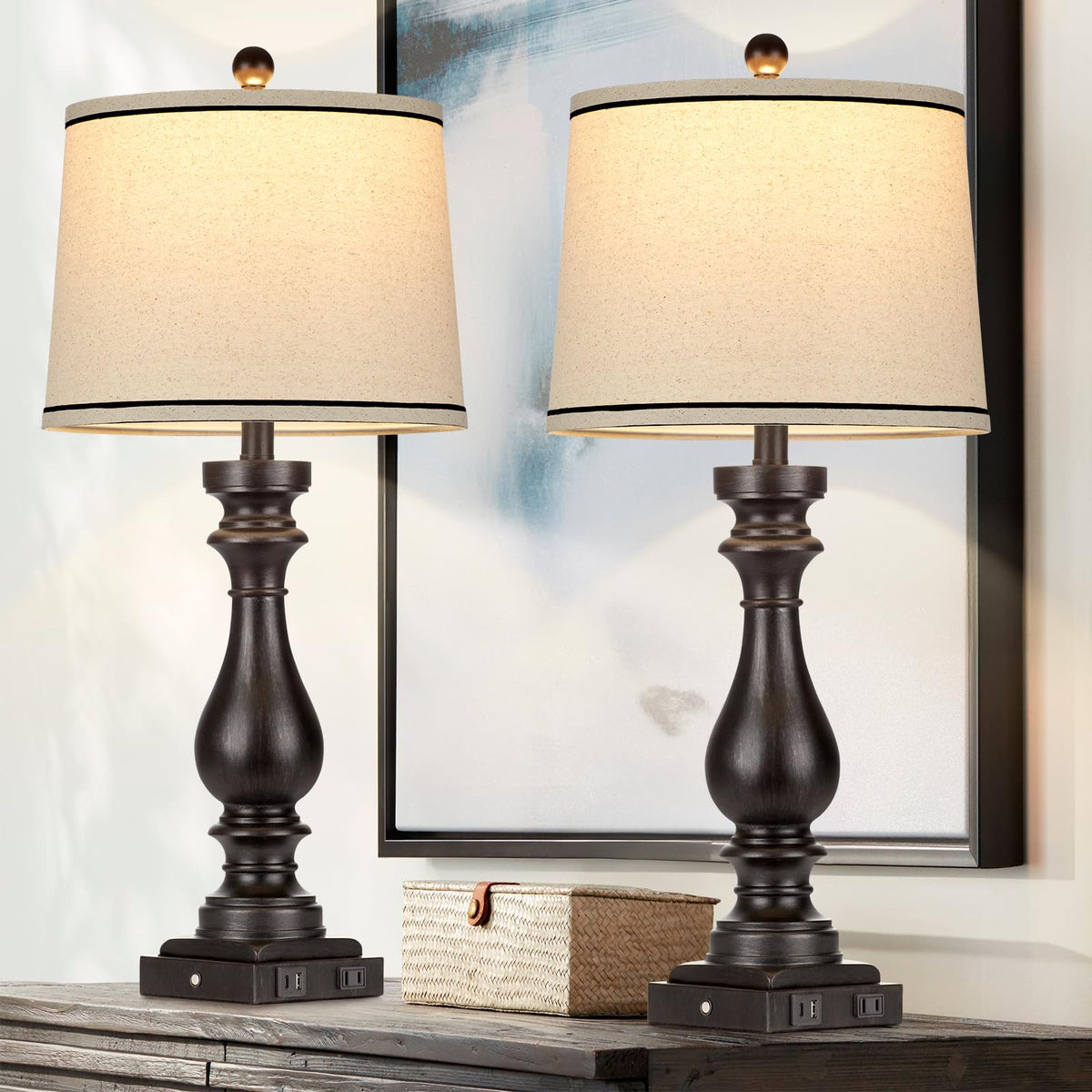 Cinkeda 29" Tall Table Lamp for Living Room Set of 2,Farmhouse Nightstand Bedside Lamps with USB C+A Ports & AC Outlet,3-Way Dimmable Touch Control Desk Lamp for Bedroom,Color 1