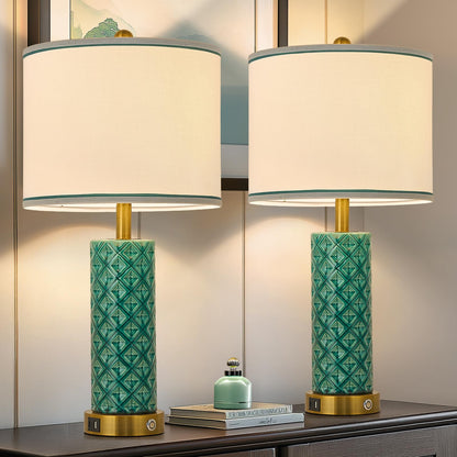 Small Bedside Table Lamp for Bedroom - Reading Desk Lamp with 3 Color Temperatures，15.5" Nightstand Ceramic Lamp with Fabric Shade for Kids Room,Living Room,Dorm,Home Office (White)