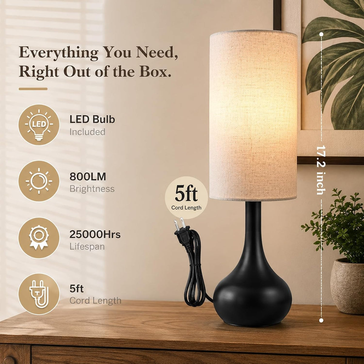 17" Touch Lamp for Nightstand,3-Way Dimmable Bedside Lamp