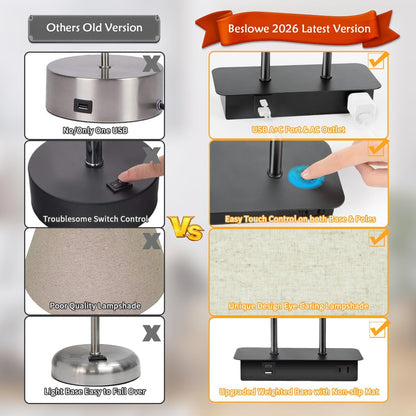 BesLowe 16’’ Table Lamp for Bedroom, Bedside Nightstand Lamp with LED Bulb