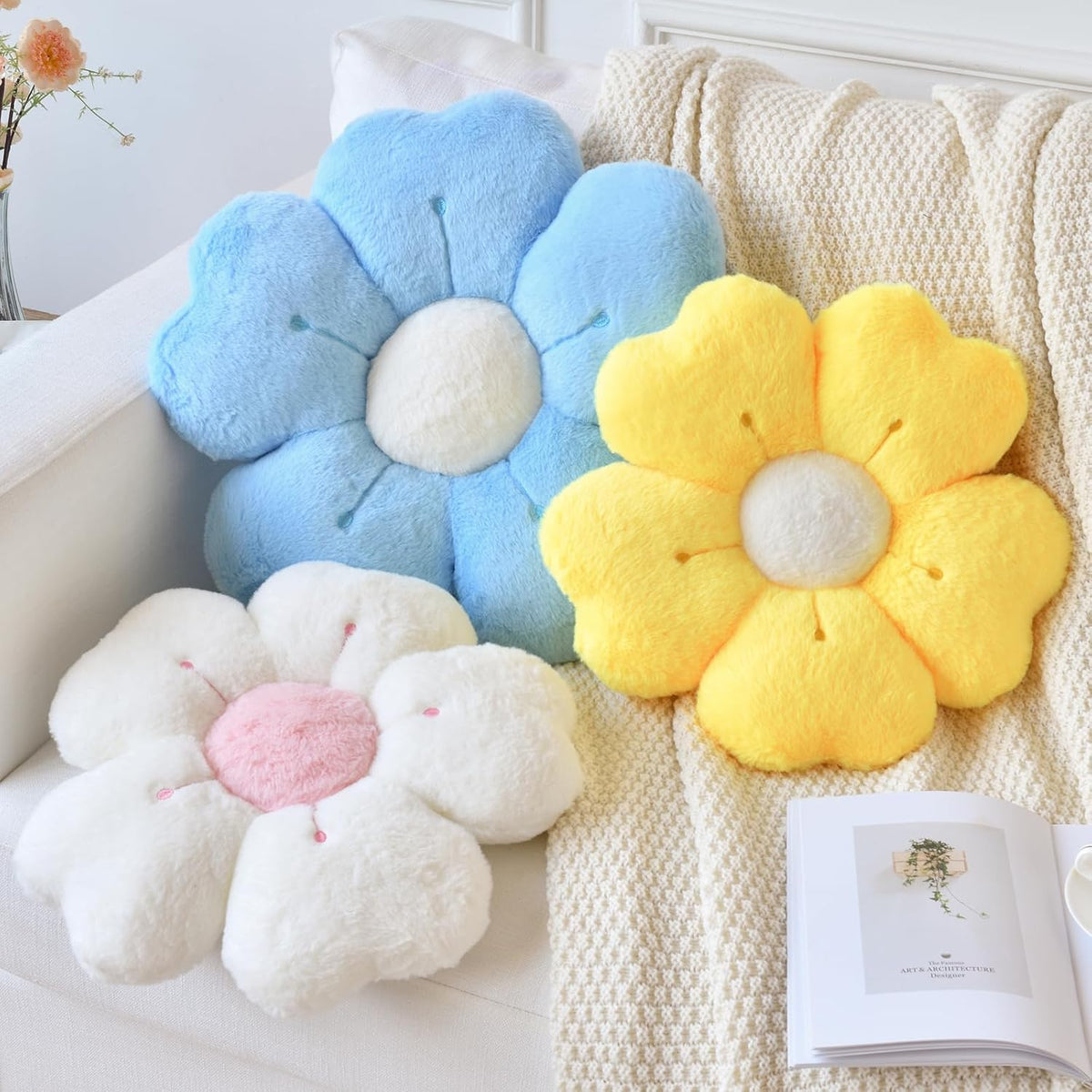 Flower Pillow, Cute Daisy Decorative Throw Pillows, White, 15 Inches