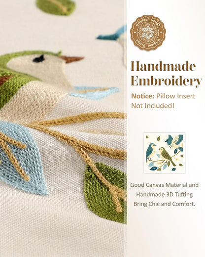 Animal Embroidered Throw Pillow Cover 18x18 Inch, Floral Birds