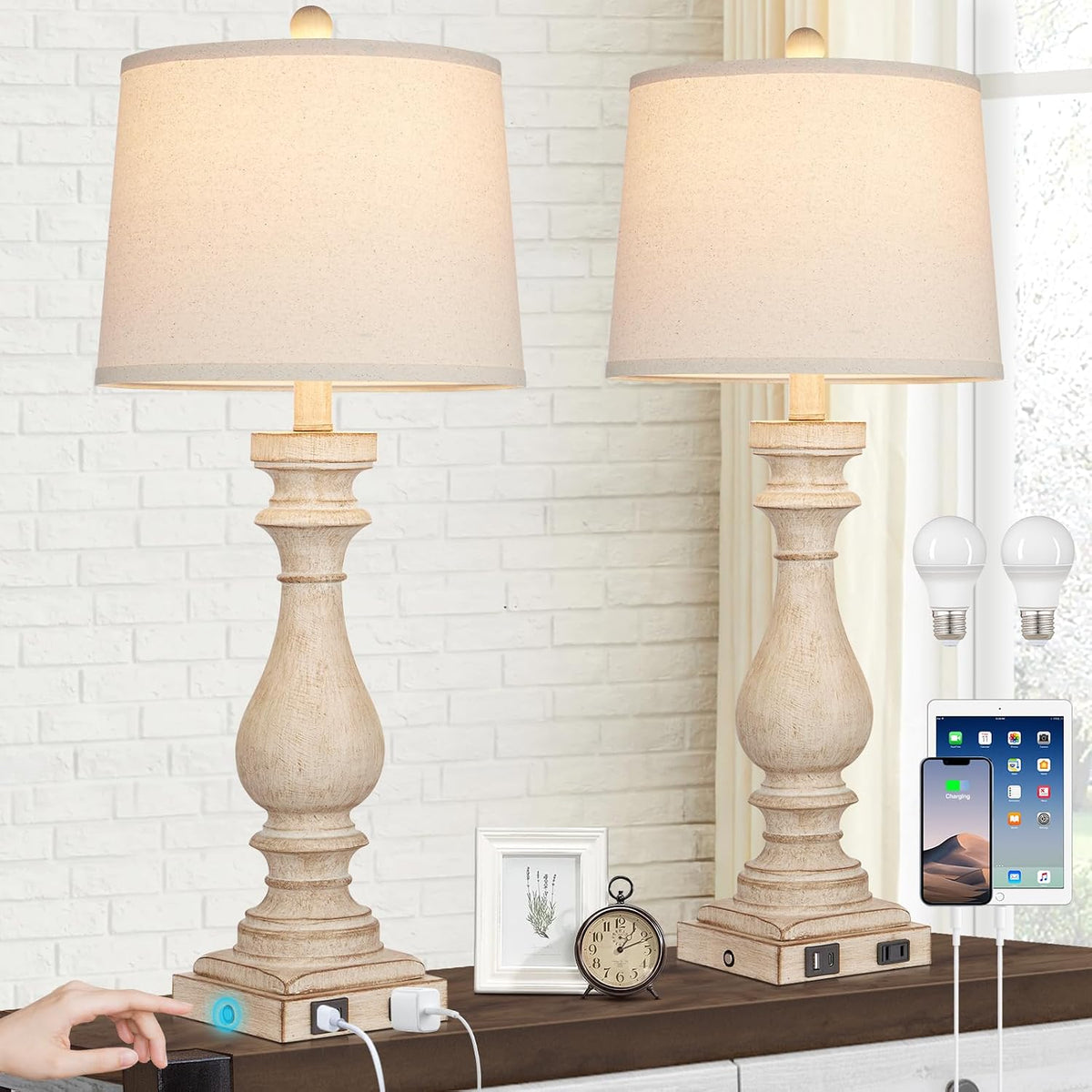 Cinkeda 29" Tall Table Lamp for Living Room Set of 2,Farmhouse Nightstand Bedside Lamps with USB C+A Ports & AC Outlet,3-Way Dimmable Touch Control Desk Lamp for Bedroom,Color 1