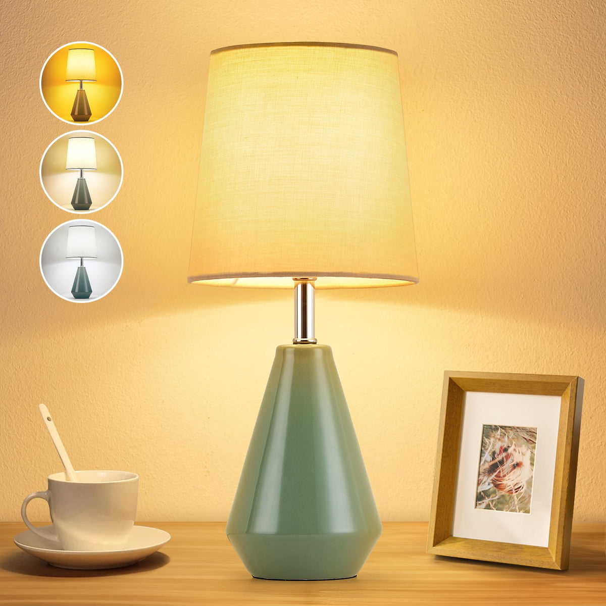 Small Bedside Table Lamp for Bedroom - Reading Desk Lamp with 3 Color Temperatures，15.5" Nightstand Ceramic Lamp with Fabric Shade for Kids Room,Living Room,Dorm,Home Office (White)