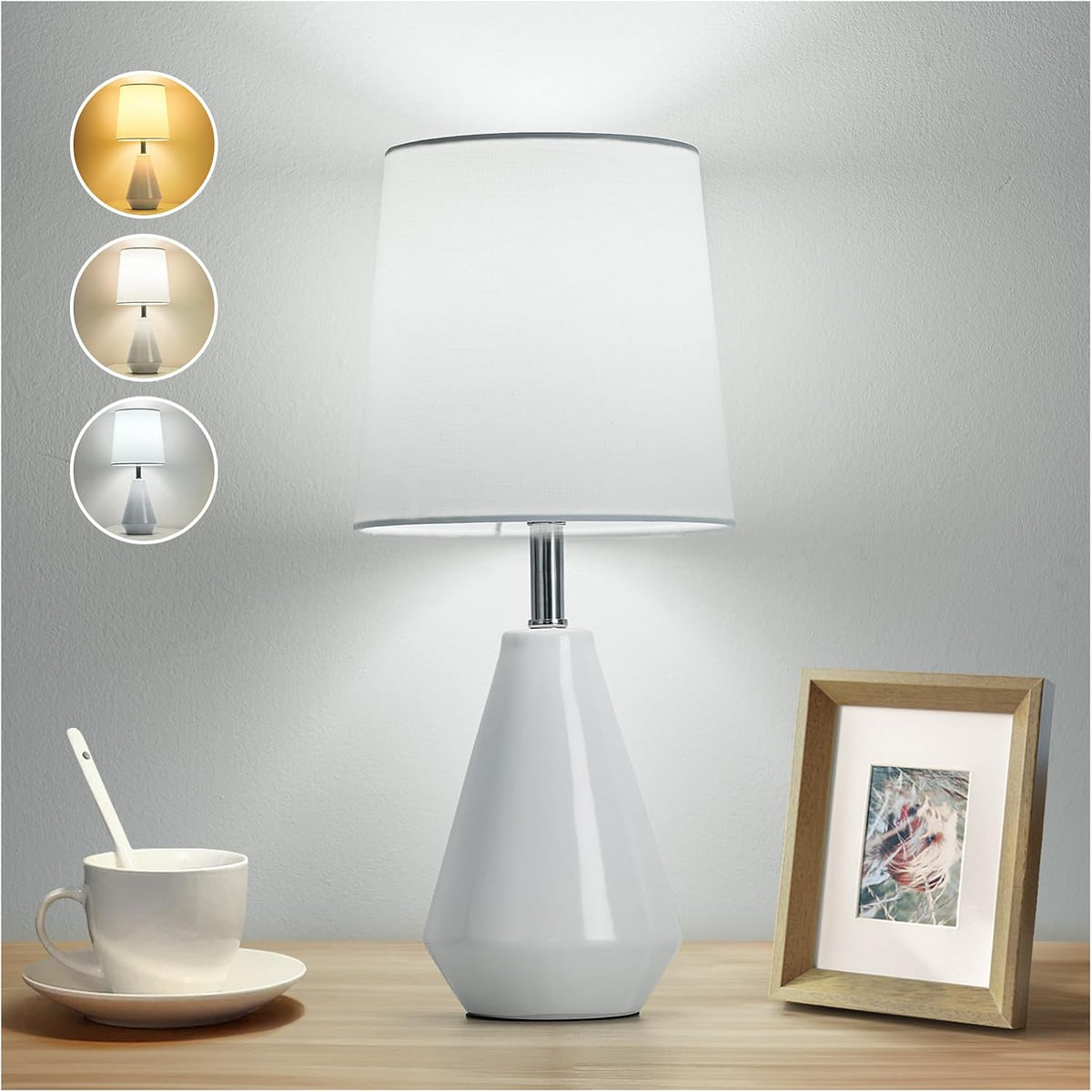 Small Bedside Table Lamp for Bedroom - Reading Desk Lamp with 3 Color Temperatures，15.5" Nightstand Ceramic Lamp with Fabric Shade for Kids Room,Living Room,Dorm,Home Office (White)