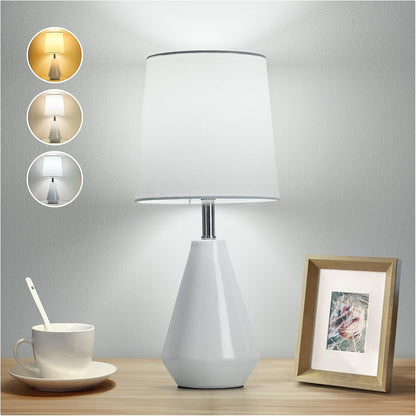 Small Bedside Table Lamp for Bedroom - Reading Desk Lamp with 3 Color Temperatures，15.5" Nightstand Ceramic Lamp with Fabric Shade for Kids Room,Living Room,Dorm,Home Office (White)