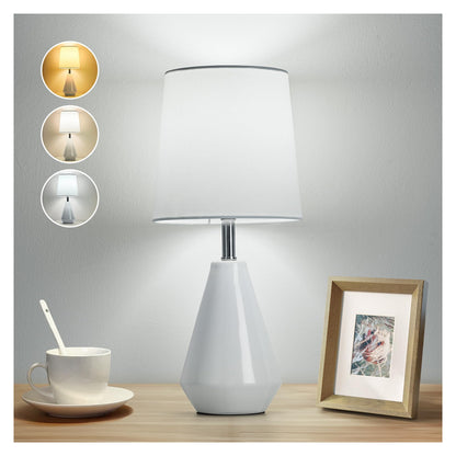 Small Bedside Table Lamp for Bedroom - Reading Desk Lamp with 3 Color Temperatures，15.5" Nightstand Ceramic Lamp with Fabric Shade for Kids Room,Living Room,Dorm,Home Office (White)