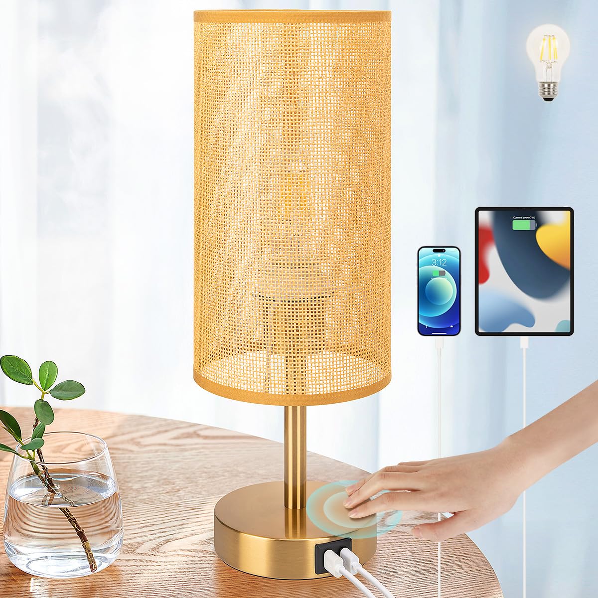 Yarra-Decor Bedside Table Lamp with USB Ports, Touch Dimmable Nightstand