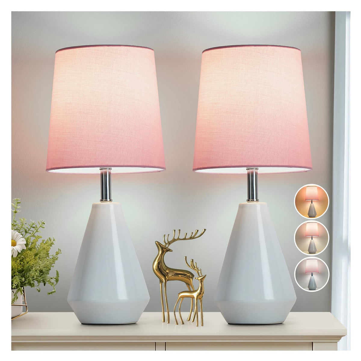 Small Bedside Table Lamp for Bedroom - Reading Desk Lamp with 3 Color Temperatures，15.5" Nightstand Ceramic Lamp with Fabric Shade for Kids Room,Living Room,Dorm,Home Office (White)