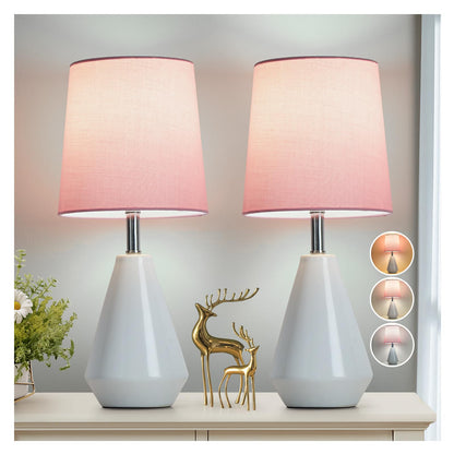 Small Bedside Table Lamp for Bedroom - Reading Desk Lamp with 3 Color Temperatures，15.5" Nightstand Ceramic Lamp with Fabric Shade for Kids Room,Living Room,Dorm,Home Office (White)