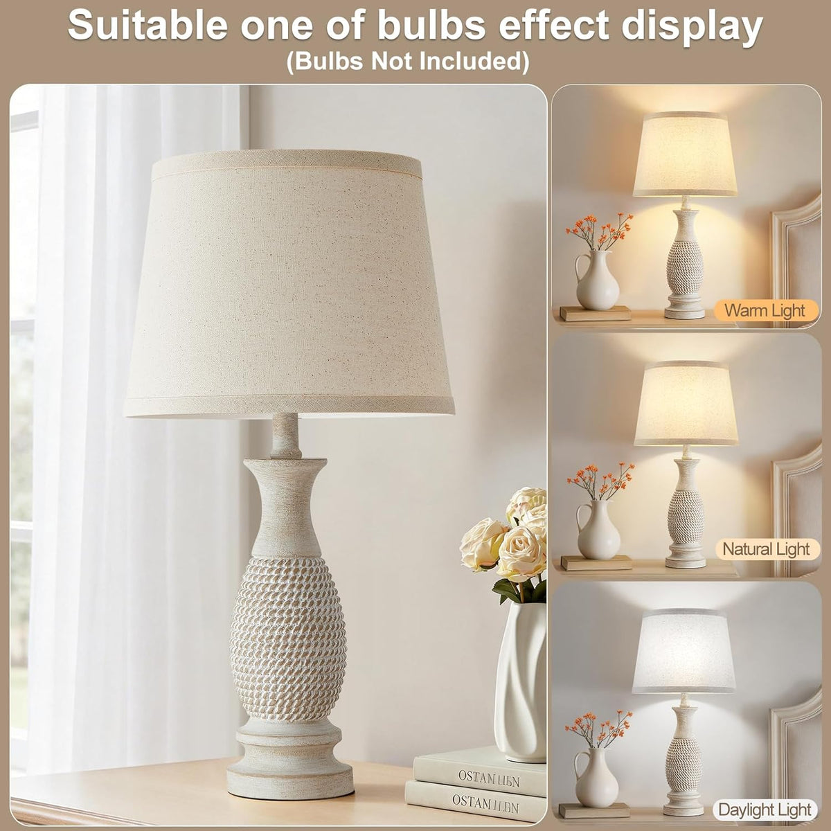 21.6" Table Lamps Set of 2, Resin Farmhouse Bedside Lamps for Bedroom Cream