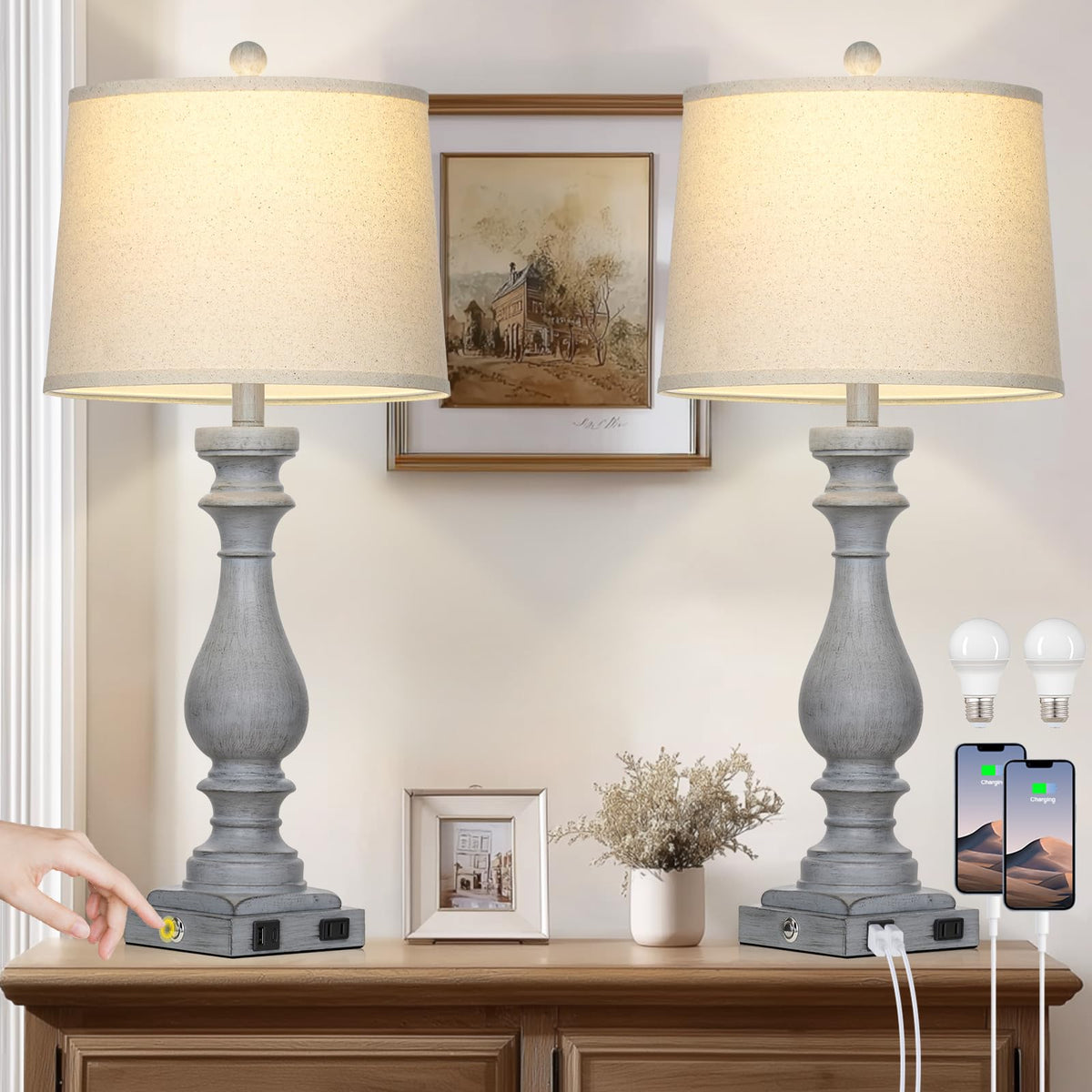 Cinkeda 29" Tall Table Lamp for Living Room Set of 2,Farmhouse Nightstand Bedside Lamps with USB C+A Ports & AC Outlet,3-Way Dimmable Touch Control Desk Lamp for Bedroom,Color 1
