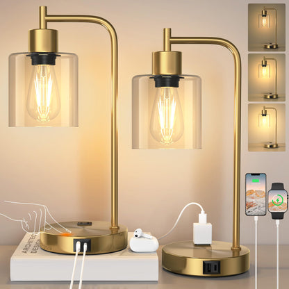Green Glass Table Lamps Set of 2, Dimmable Bedside Lamps for Living Room