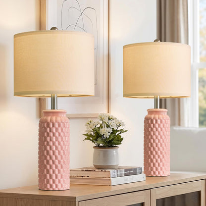 USumkky 24" White Oval Ceramic Table Lamp Set of 2, Modern Minimalist Bedside Nightstand Lamps for Bedroom Living Room, Linen Shade & Gold Metal Base, Rotary Switch E26 (Bulbs Excluded)