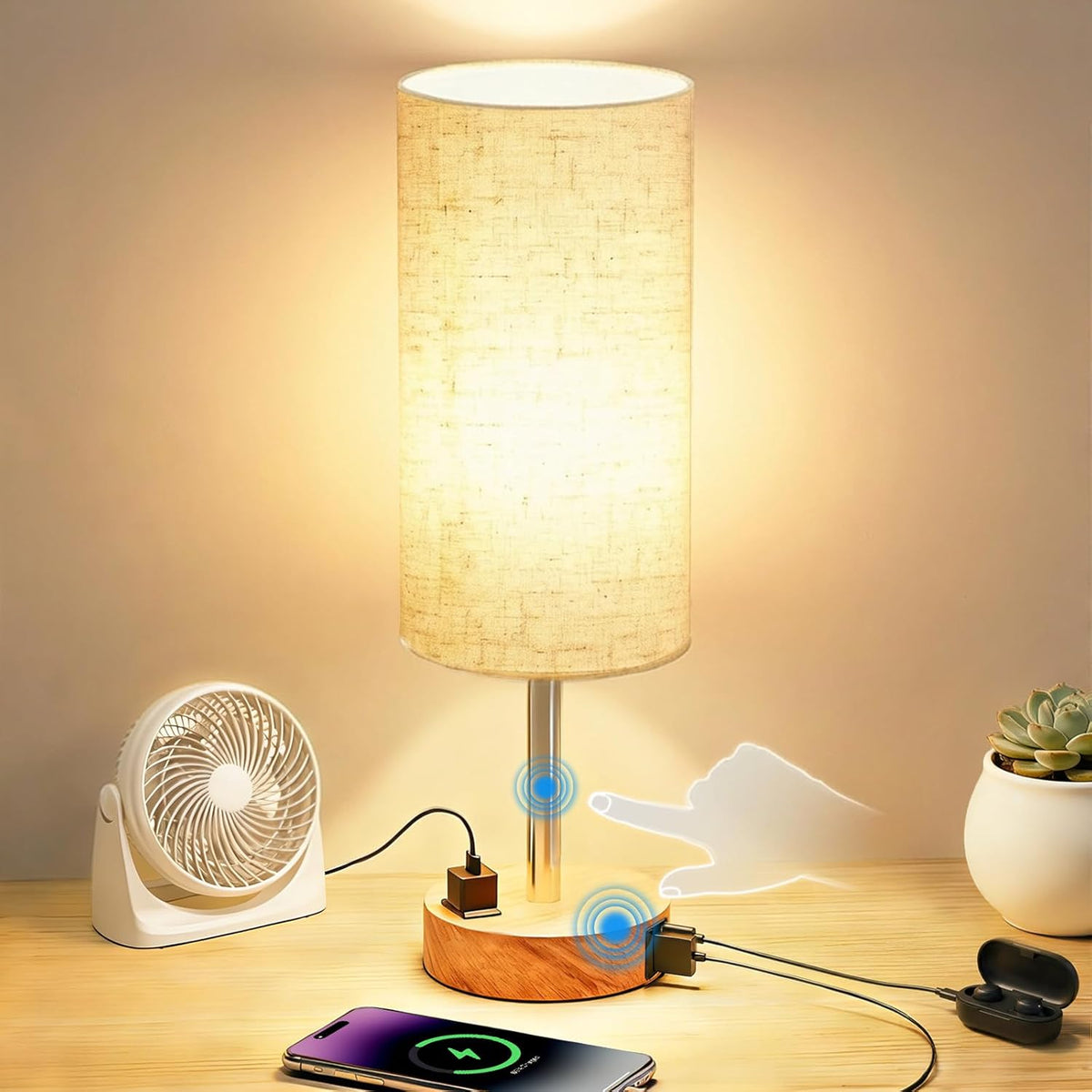 Table Lamp for Bedroom, High-Sensitivity Touch, AC Outlet, USB A+C