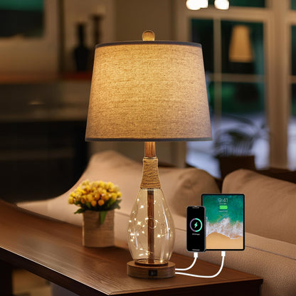 OYEARS Bedside Table Lamp with USB, 23‘’ Black Modern Nightstand Lamps for Bedroom, Retro Rattan Table Lamps for Night Stands, Living Room, Farmhouse Table Lamp with Glass Nightlight Lamps