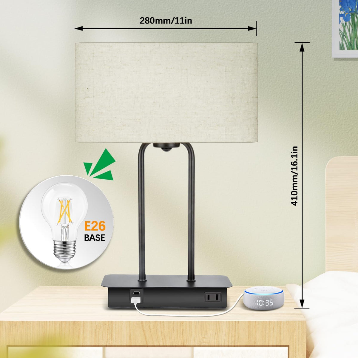 BesLowe 16’’ Table Lamp for Bedroom, Bedside Nightstand Lamp with LED Bulb