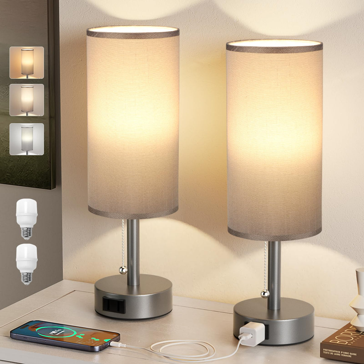 Fenmzee Bedside Table Lamps Set of 2 - Small Nightstand Lamp for Bedroom