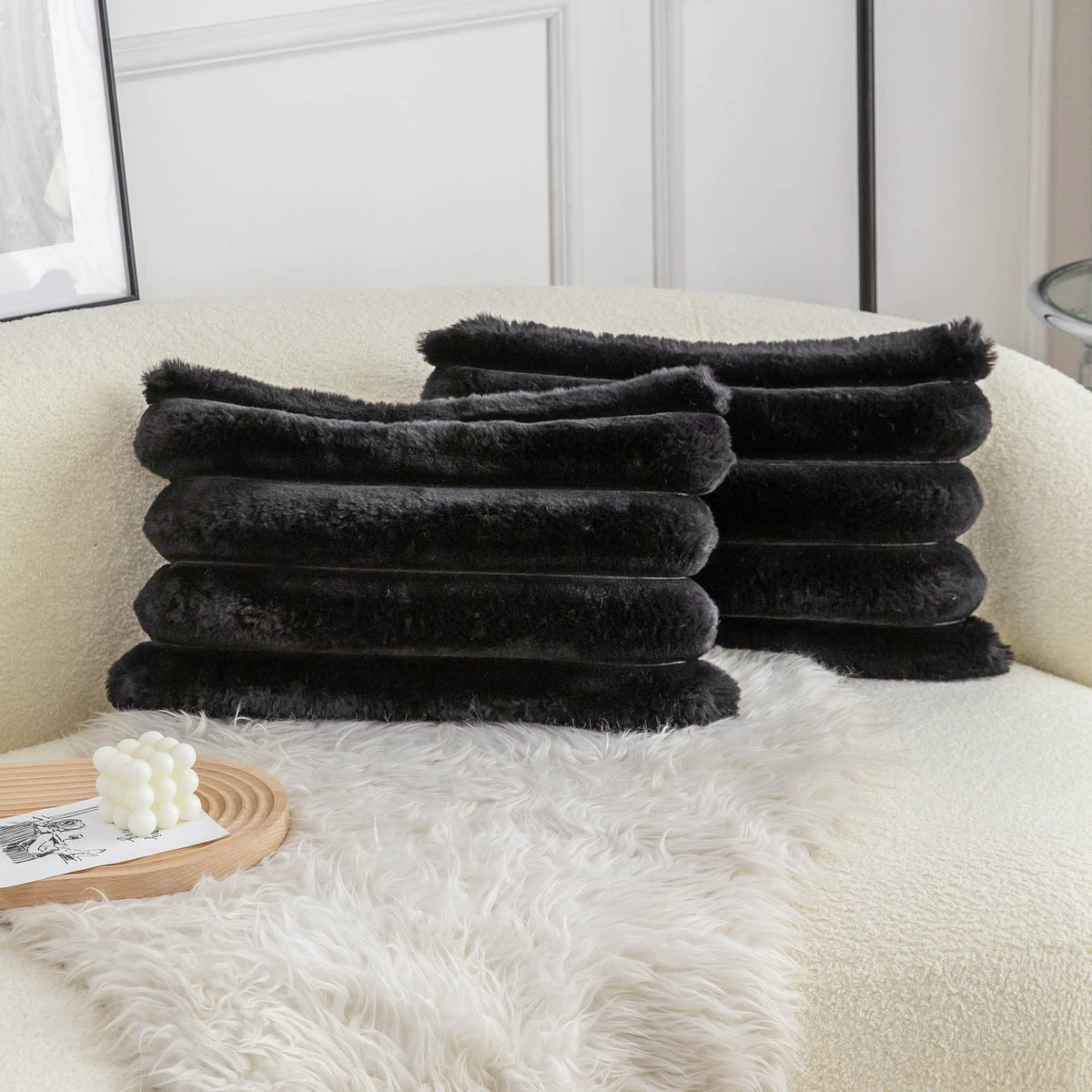 Neelvin Pink Faux Fur Cozy Soft Striped Decorative Throw Pillow Covers 18x18 inch Set of 2,Velvet Pillowcase Cushion Case for Sofa Couch