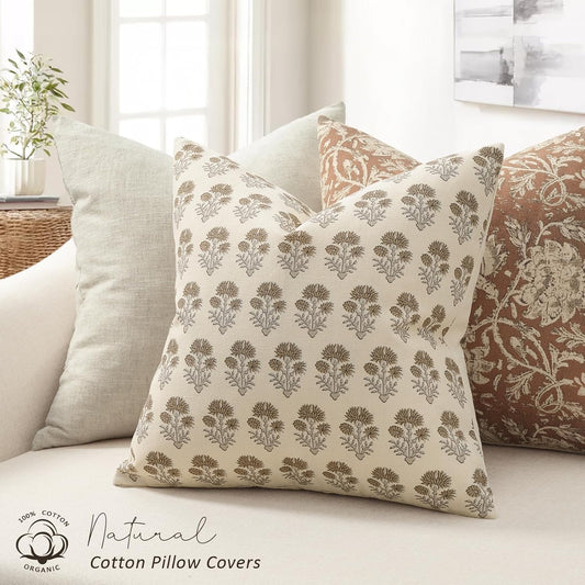 Farmhouse Floral Pillow Covers 20x20 Set of 2, Country Botanical Throw Pillow Cover for Sofa Couch Bed Living Room, Rustic Vintage Flower Cushion Covers Cottage Home Decor,Vintage Walnut