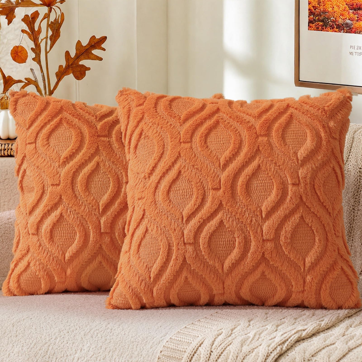 decorUhome Faux Fur Plush Soft Beige Throw Pillow Covers 18x18 Set of 2