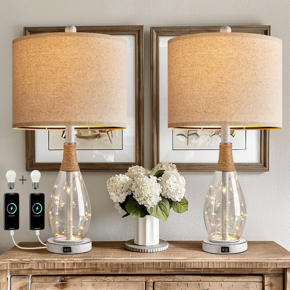 OYEARS Bedside Table Lamp with USB, 23‘’ Black Modern Nightstand Lamps for Bedroom, Retro Rattan Table Lamps for Night Stands, Living Room, Farmhouse Table Lamp with Glass Nightlight Lamps