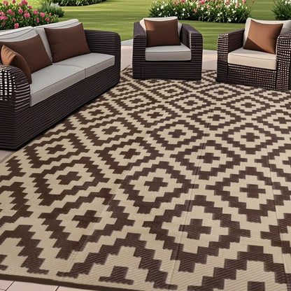 SAND MINE Waterproof Outdoor Rug 5x8 ft, Plastic Reversible Rug, Modern Area Rug, Large Floor Mat for Outdoors, RV, Patio, Backyard, Deck, Picnic, Beach, Camping, Black & Beige