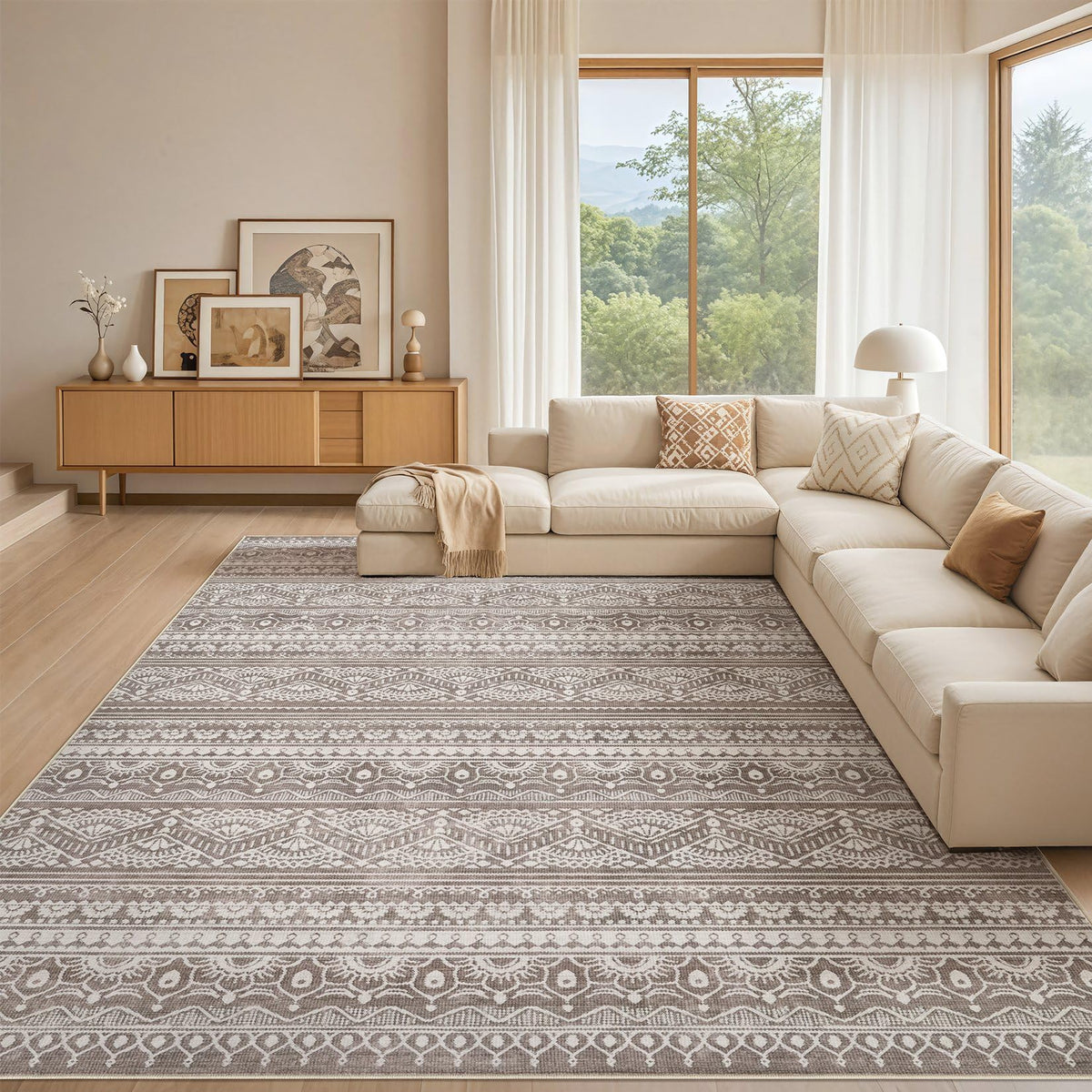 Tortania Area Rug Living Room Rugs - 5x7 Washable Large Soft Neutral Boho Moroccan Bohemian Farmhouse Rug Indoor Floor Carpet for Bedroom Under Dining Table Home Office Decor - Cream Brown