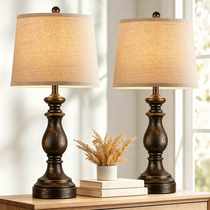 PARTPHONER Traditional Table Lamp Set of 2, Rustic Farmhouse Table Lamps for Living Room Bedroom, 22" Bedside Desk Lamps Vintage Nightstand Lamps with Linen Shades, Black