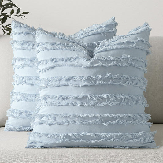 MIULEE Boho Linen Striped Throw Pillow Covers 16x16, Light Blue