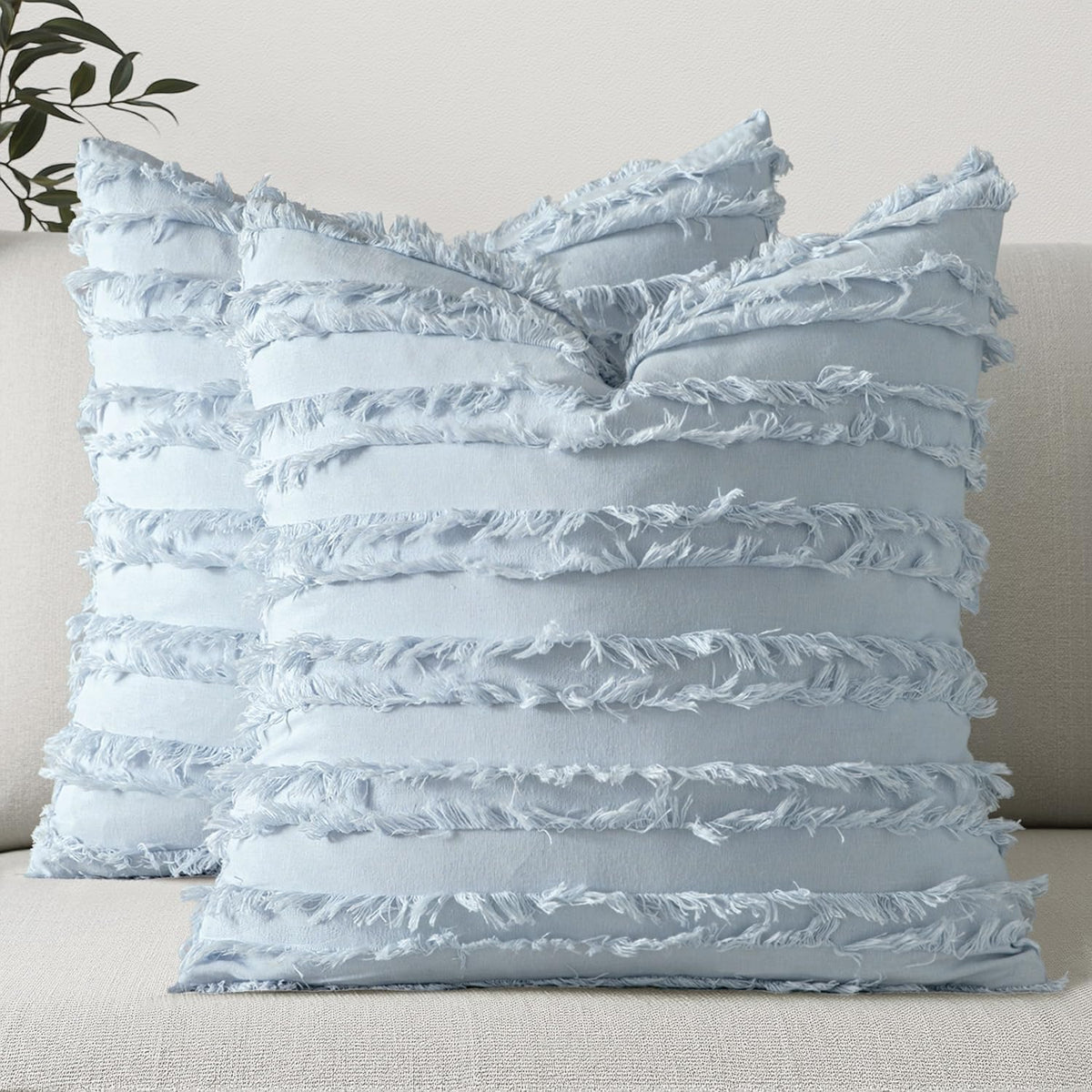 MIULEE Boho Linen Striped Throw Pillow Covers 16x16, Light Blue