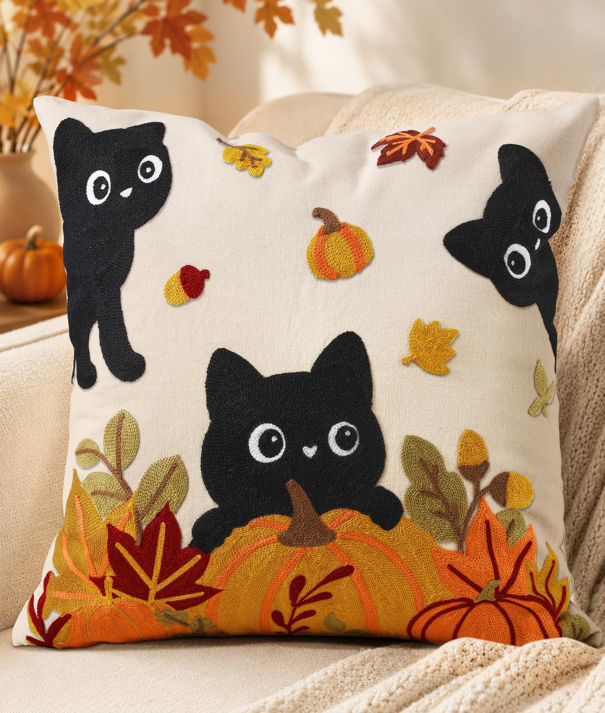 Animal Embroidered Throw Pillow Cover 18x18 Inch, Floral Birds