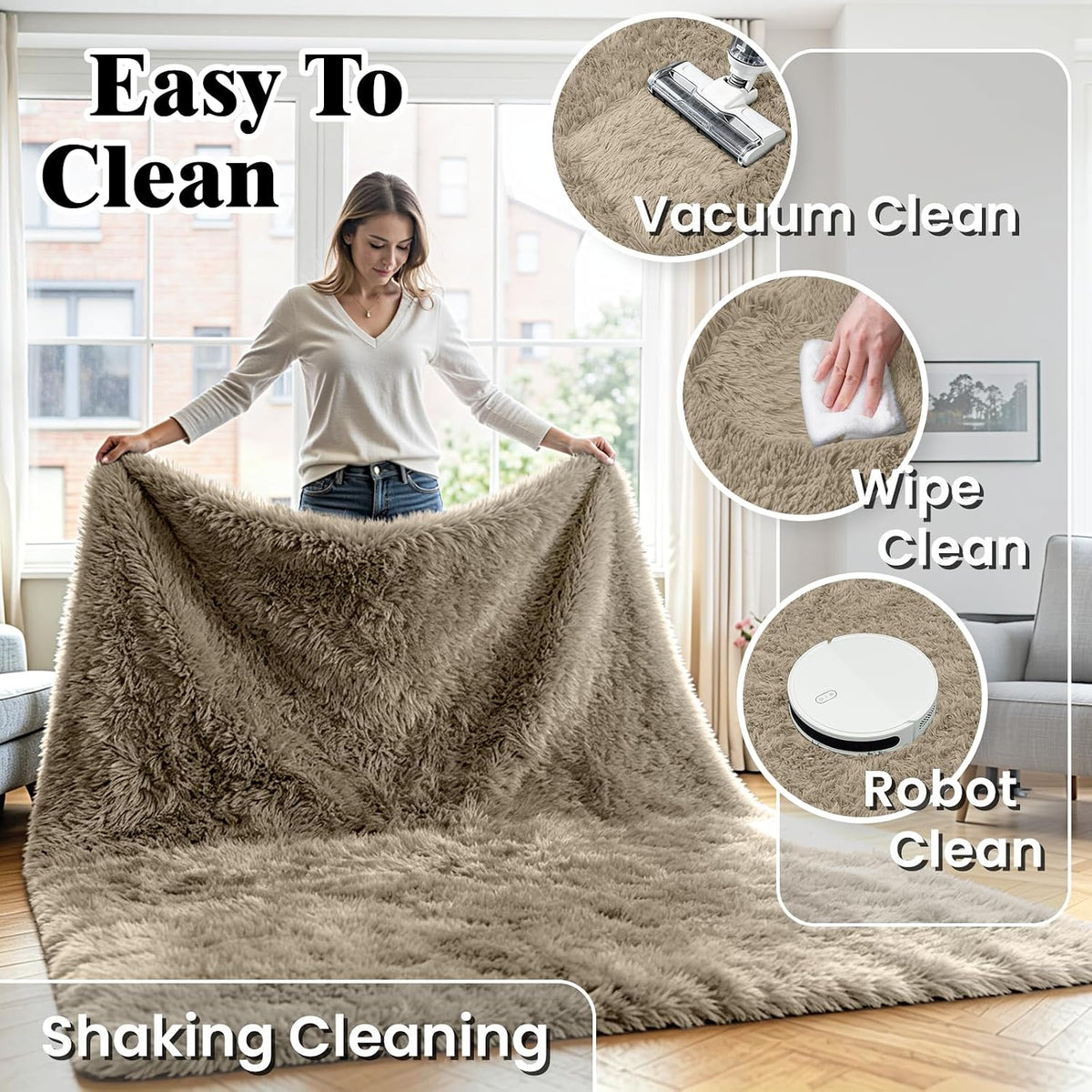 8x10 Fluffy Area Rug for Living Room: Non-Slip Grey Camel Bedroom Carpet
