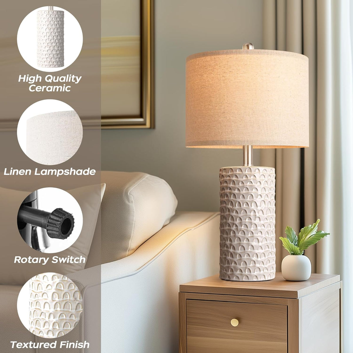 PARTPHONER 23" Modern Ceramic Table Lamp Set of 2, Table Lamps for Living Room, Rustic Farmhouse Bedside Lamps Nightstand lamp for Bedroom, White Desk Lamp for End Table Home Decor Beige