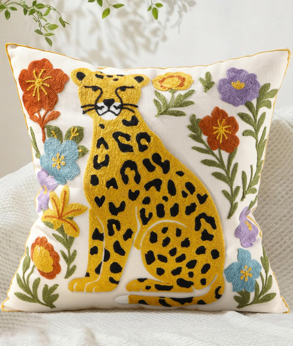 Animal Embroidered Throw Pillow Cover 18x18 Inch, Floral Birds