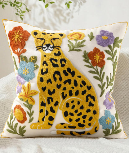 Animal Embroidered Throw Pillow Cover 18x18 Inch, Floral Birds