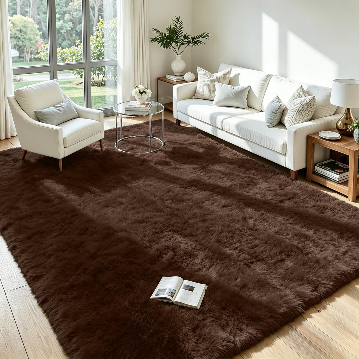 8x10 Fluffy Area Rug for Living Room: Non-Slip Grey Camel Bedroom Carpet